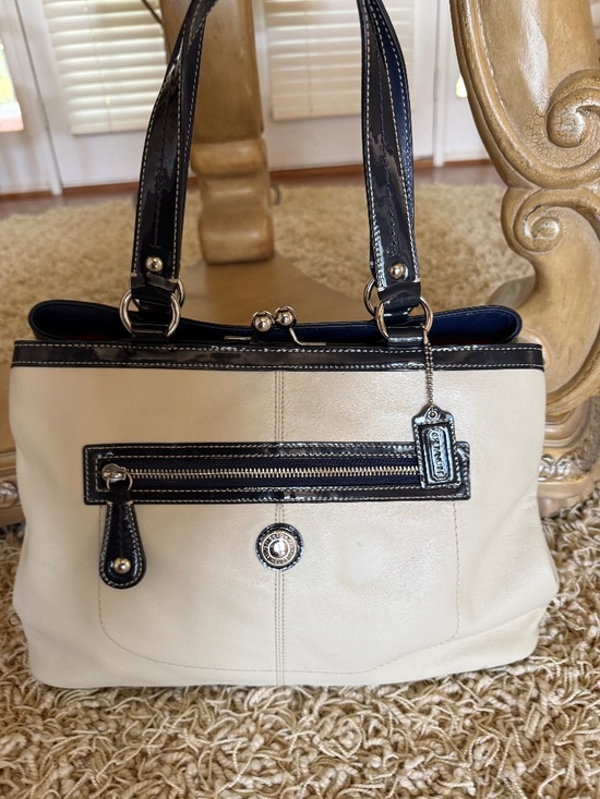 Coach Handbags - COACH Laura Kisslock Framed Ivory Leather Satchel Red Interior F14866